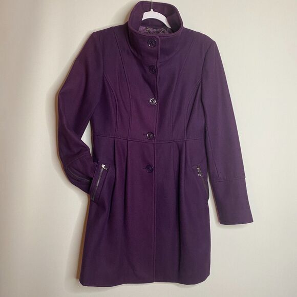Guess Wool Coat 5-Button Peacoat Plum Purple Womens M - Picture 1 of 13